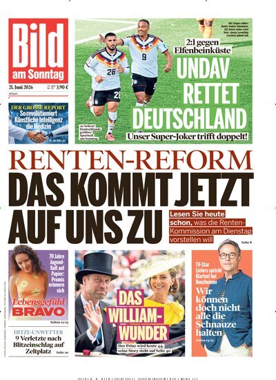 Titelbild der Ausgabe 25/2026 von Bild am Sonntag Gesamtausgabe. Diese Zeitschrift und viele weitere Zeitungsabos als Abo oder epaper bei United Kiosk online kaufen.