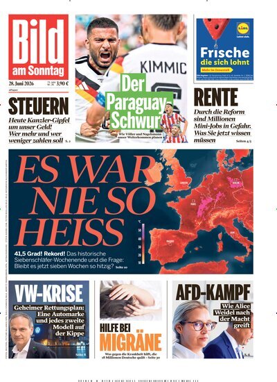 Titelbild der Ausgabe 26/2026 von Bild am Sonntag Gesamtausgabe. Diese Zeitschrift und viele weitere Zeitungsabos als Abo oder epaper bei United Kiosk online kaufen.