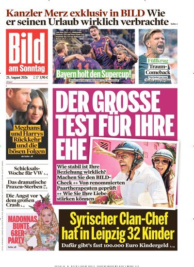 Titelbild der Ausgabe 34/2026 von Bild am Sonntag Gesamtausgabe. Diese Zeitschrift und viele weitere Zeitungsabos als Abo oder epaper bei United Kiosk online kaufen.