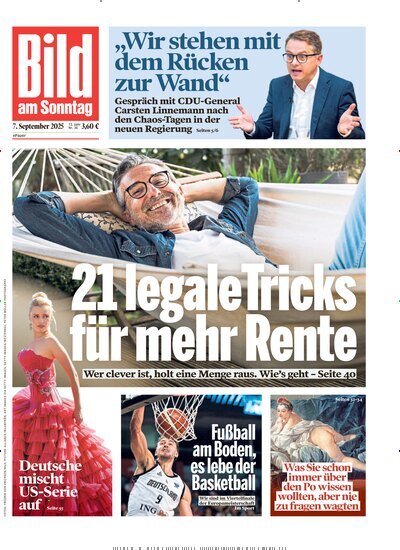 Titelbild der Ausgabe 36/2025 von Bild am Sonntag Gesamtausgabe. Diese Zeitschrift und viele weitere Zeitungsabos als Abo oder epaper bei United Kiosk online kaufen.