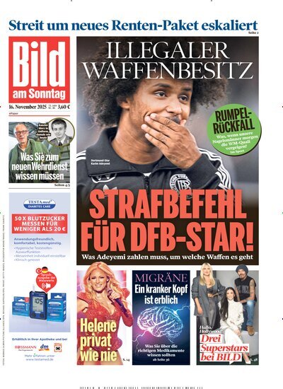 Titelbild der Ausgabe 46/2025 von Bild am Sonntag Gesamtausgabe. Diese Zeitschrift und viele weitere Zeitungsabos als Abo oder epaper bei United Kiosk online kaufen.
