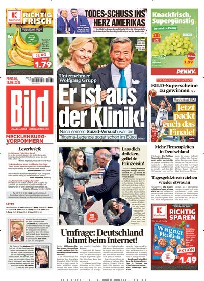 Titelbild der Ausgabe 213/2025 von BILD Mecklenburg-Vorpommern. Diese Zeitschrift und viele weitere Zeitungsabos als Abo oder epaper bei United Kiosk online kaufen.