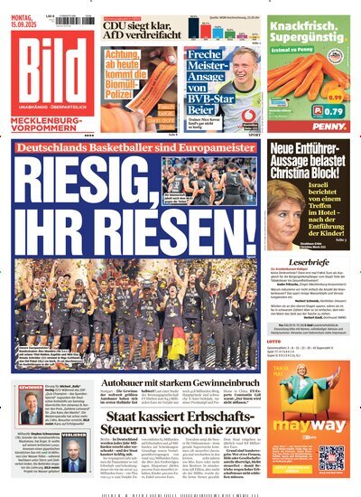 Titelbild der Ausgabe 215/2025 von BILD Mecklenburg-Vorpommern. Diese Zeitschrift und viele weitere Zeitungsabos als Abo oder epaper bei United Kiosk online kaufen.