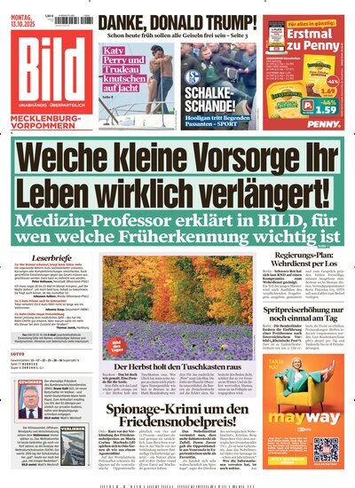 Titelbild der Ausgabe 238/2025 von BILD Mecklenburg-Vorpommern. Diese Zeitschrift und viele weitere Zeitungsabos als Abo oder epaper bei United Kiosk online kaufen.
