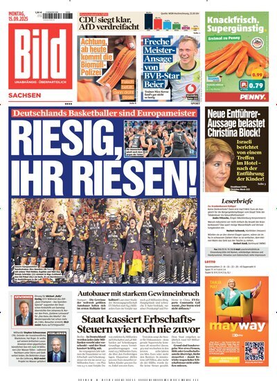 Titelbild der Ausgabe 215/2025 von BILD Sachsen. Diese Zeitschrift und viele weitere Zeitungsabos als Abo oder epaper bei United Kiosk online kaufen.