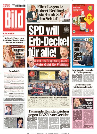 Titelbild der Ausgabe 217/2025 von BILD Sachsen. Diese Zeitschrift und viele weitere Zeitungsabos als Abo oder epaper bei United Kiosk online kaufen.