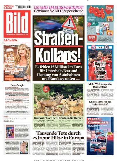 Titelbild der Ausgabe 218/2025 von BILD Sachsen. Diese Zeitschrift und viele weitere Zeitungsabos als Abo oder epaper bei United Kiosk online kaufen.