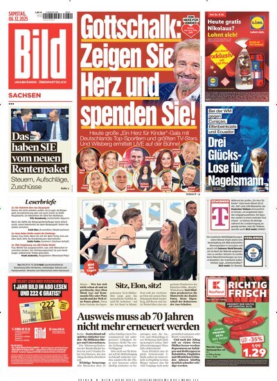 Titelbild der Ausgabe 285/2025 von BILD Sachsen. Diese Zeitschrift und viele weitere Zeitungsabos als Abo oder epaper bei United Kiosk online kaufen.