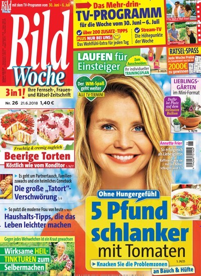 Bildwoche Kombi-Abo aktuelles Titelbild Ausgabe 26/2018 Aktuelles Titelbild von Bildwoche Kombi-Abo. Entdecken Sie jetzt die Ausgabe 26/2018. Lesen Sie gerne Programmzeitschriften? Dann empfehlen wir Ihnen Bildwoche Kombi-Abo als Kombi-Abo zum Lesen als gedruckte Ausgabe, als digitale Ausgabe im Web und als epaper per App.