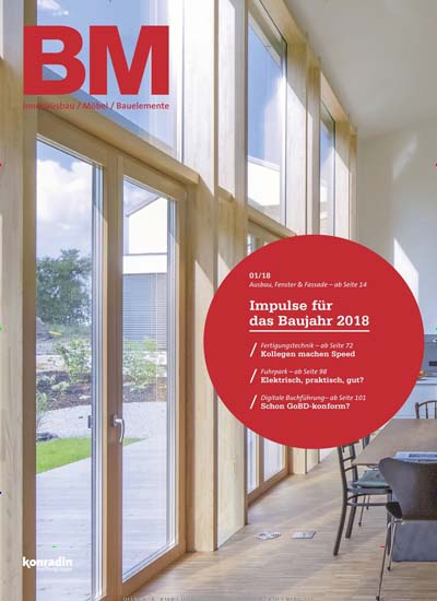BM Bau- und Möbelschreiner aktuelles Titelbild Ausgabe 1/2018 Aktuelles Titelbild von BM Bau- und Möbelschreiner. In der Ausgabe 1/2018 geht es um die Themen: Impulse für das Baujahr 2018. Lesen Sie gerne Architekturzeitschriften und Bauzeitschriften? Dann empfehlen wir Ihnen BM Bau- und Möbelschreiner als Abo oder Geschenkabo.