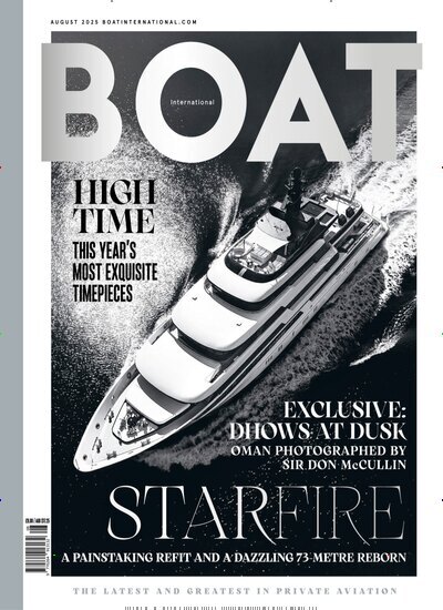 Titelbild der Ausgabe 8/2025 von Boat International. Diese Zeitschrift und viele weitere Sportmagazine als Abo oder epaper bei United Kiosk online kaufen.