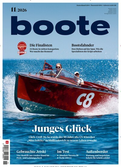Titelbild der Ausgabe 11/2026 von boote. Diese Zeitschrift und viele weitere Sportmagazine als Abo oder epaper bei United Kiosk online kaufen.