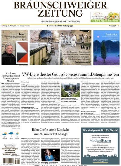 Titelbild der Ausgabe 90/2026 von Braunschweiger Zeitung. Diese Zeitschrift und viele weitere Zeitungsabos als Abo oder epaper bei United Kiosk online kaufen.
