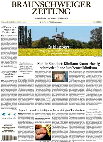 Titelbild der Ausgabe 115/2026 von Braunschweiger Zeitung. Diese Zeitschrift und viele weitere Zeitungsabos als Abo oder epaper bei United Kiosk online kaufen.