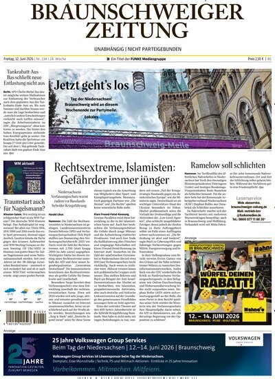 Titelbild der Ausgabe 134/2026 von Braunschweiger Zeitung. Diese Zeitschrift und viele weitere Zeitungsabos als Abo oder epaper bei United Kiosk online kaufen.