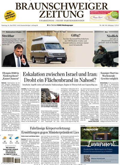 Titelbild der Ausgabe 136/2025 von Braunschweiger Zeitung. Diese Zeitschrift und viele weitere Zeitungsabos als Abo oder epaper bei United Kiosk online kaufen.