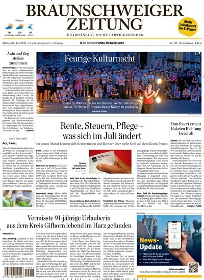 Titelbild der Ausgabe 137/2025 von Braunschweiger Zeitung. Diese Zeitschrift und viele weitere Zeitungsabos als Abo oder epaper bei United Kiosk online kaufen.