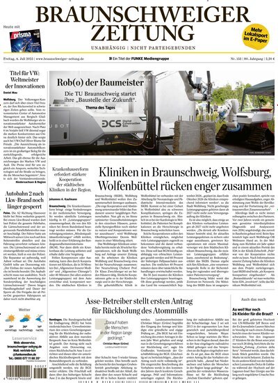 Titelbild der Ausgabe 153/2025 von Braunschweiger Zeitung. Diese Zeitschrift und viele weitere Zeitungsabos als Abo oder epaper bei United Kiosk online kaufen.