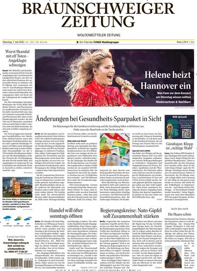 Titelbild der Ausgabe 155/2026 von Braunschweiger Zeitung. Diese Zeitschrift und viele weitere Zeitungsabos als Abo oder epaper bei United Kiosk online kaufen.