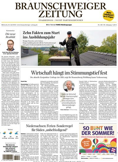 Titelbild der Ausgabe 163/2025 von Braunschweiger Zeitung. Diese Zeitschrift und viele weitere Zeitungsabos als Abo oder epaper bei United Kiosk online kaufen.