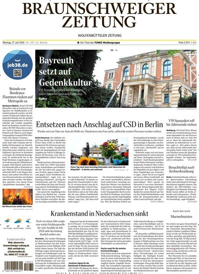 Titelbild der Ausgabe 172/2026 von Braunschweiger Zeitung. Diese Zeitschrift und viele weitere Zeitungsabos als Abo oder epaper bei United Kiosk online kaufen.