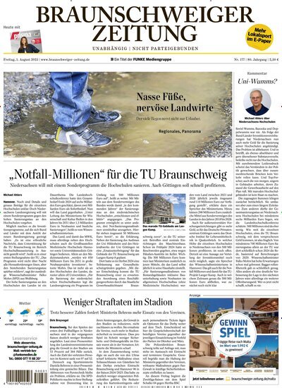Titelbild der Ausgabe 177/2025 von Braunschweiger Zeitung. Diese Zeitschrift und viele weitere Zeitungsabos als Abo oder epaper bei United Kiosk online kaufen.