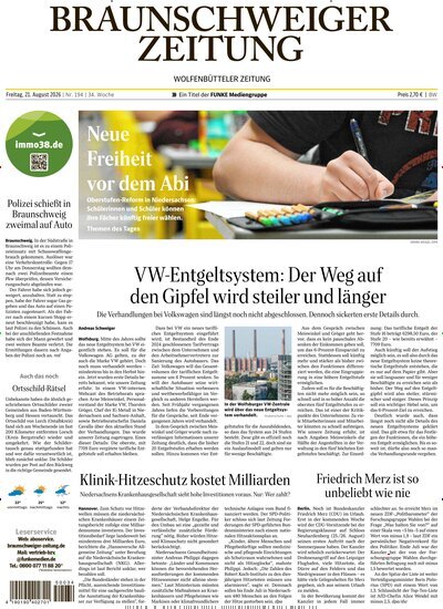 Titelbild der Ausgabe 194/2026 von Braunschweiger Zeitung. Diese Zeitschrift und viele weitere Zeitungsabos als Abo oder epaper bei United Kiosk online kaufen.