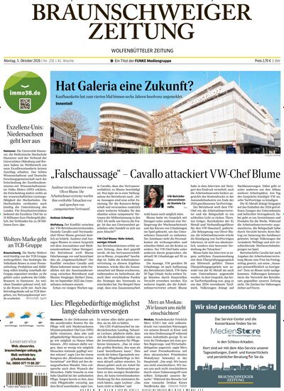Titelbild der Ausgabe 231/2026 von Braunschweiger Zeitung. Diese Zeitschrift und viele weitere Zeitungsabos als Abo oder epaper bei United Kiosk online kaufen.