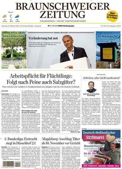 Titelbild der Ausgabe 243/2025 von Braunschweiger Zeitung. Diese Zeitschrift und viele weitere Zeitungsabos als Abo oder epaper bei United Kiosk online kaufen.