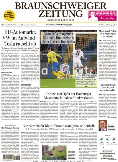 Titelbild der Ausgabe 123/2025 von Braunschweiger Zeitung - Gifhorner Rundschau. Diese Zeitschrift und viele weitere Automagazine und Motorradzeitschriften als Abo oder epaper bei United Kiosk online kaufen.