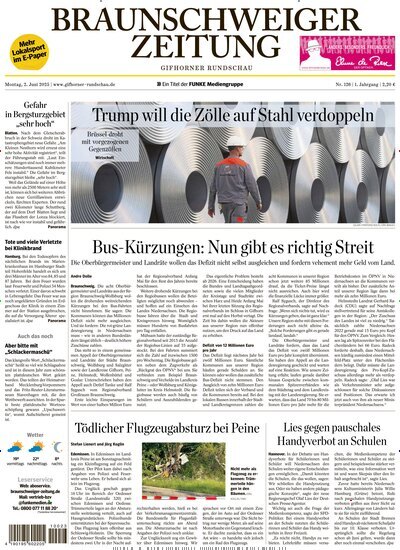 Titelbild der Ausgabe 126/2025 von Braunschweiger Zeitung - Gifhorner Rundschau. Diese Zeitschrift und viele weitere Automagazine und Motorradzeitschriften als Abo oder epaper bei United Kiosk online kaufen.