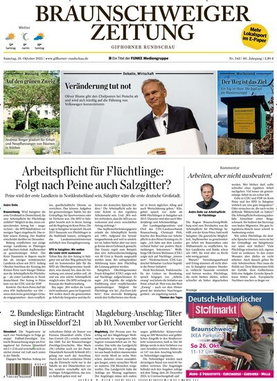 Titelbild der Ausgabe 243/2025 von Braunschweiger Zeitung - Gifhorner Rundschau. Diese Zeitschrift und viele weitere Zeitungsabos als Abo oder epaper bei United Kiosk online kaufen.