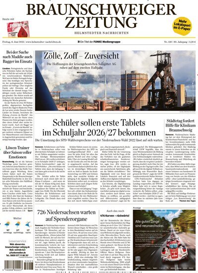 Titelbild der Ausgabe 130/2025 von Braunschweiger Zeitung - Helmstedter Nachrichten. Diese Zeitschrift und viele weitere Zeitungsabos als Abo oder epaper bei United Kiosk online kaufen.