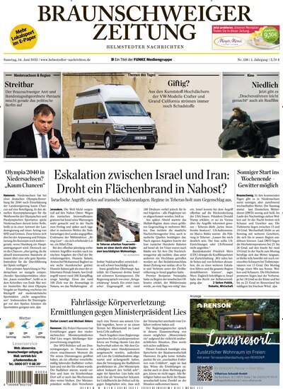 Titelbild der Ausgabe 136/2025 von Braunschweiger Zeitung - Helmstedter Nachrichten. Diese Zeitschrift und viele weitere Zeitungsabos als Abo oder epaper bei United Kiosk online kaufen.
