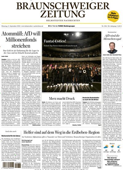 Titelbild der Ausgabe 204/2025 von Braunschweiger Zeitung - Helmstedter Nachrichten. Diese Zeitschrift und viele weitere Zeitungsabos als Abo oder epaper bei United Kiosk online kaufen.