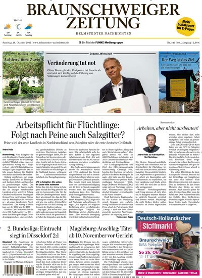 Titelbild der Ausgabe 243/2025 von Braunschweiger Zeitung - Helmstedter Nachrichten. Diese Zeitschrift und viele weitere Zeitungsabos als Abo oder epaper bei United Kiosk online kaufen.