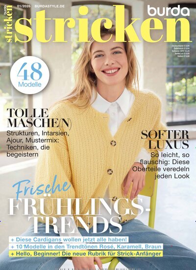 Titelbild der Ausgabe 1/2026 von burda stricken. Diese Zeitschrift und viele weitere Modemagazine und DIY-Magazine als Abo oder epaper bei United Kiosk online kaufen.
