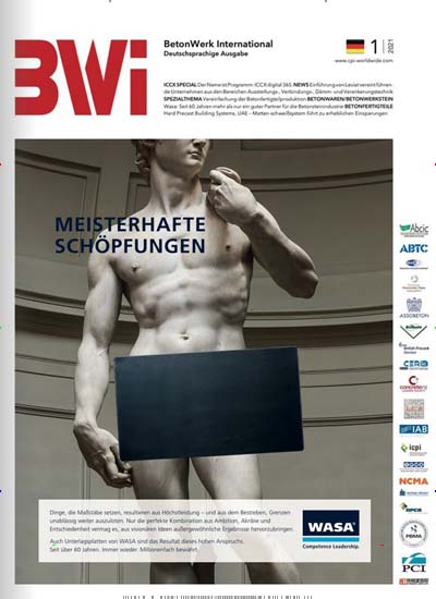 Titelbild der Ausgabe 1/2021 von BWI Betonwerk International. Diese Zeitschrift und viele weitere Architekturzeitschriften und Bauzeitschriften als Abo oder epaper bei United Kiosk online kaufen.