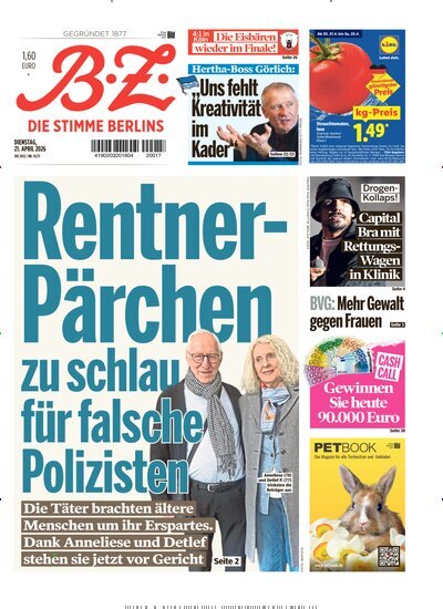 Titelbild der Ausgabe 92/2026 von B.Z.. Diese Zeitschrift und viele weitere Zeitungsabos als Abo oder epaper bei United Kiosk online kaufen.