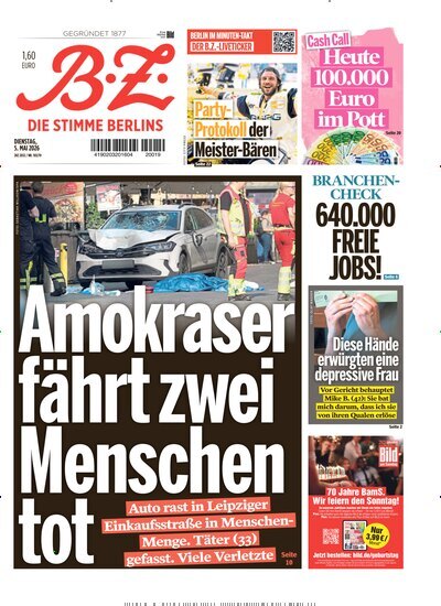 Titelbild der Ausgabe 103/2026 von B.Z.. Diese Zeitschrift und viele weitere Zeitungsabos als Abo oder epaper bei United Kiosk online kaufen.