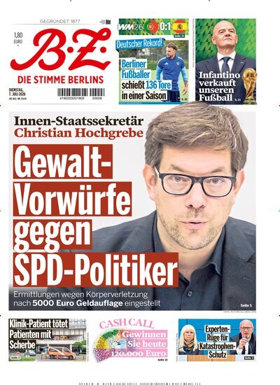 Titelbild der Ausgabe 155/2026 von B.Z.. Diese Zeitschrift und viele weitere Zeitungsabos als Abo oder epaper bei United Kiosk online kaufen.