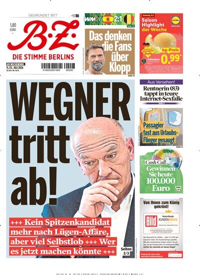 Titelbild der Ausgabe 159/2026 von B.Z.. Diese Zeitschrift und viele weitere Zeitungsabos als Abo oder epaper bei United Kiosk online kaufen.