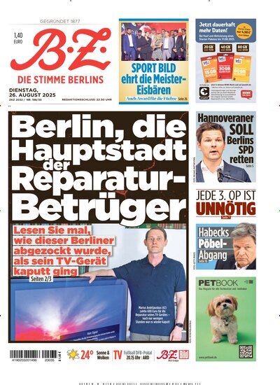 Titelbild der Ausgabe 196/2025 von B.Z.. Diese Zeitschrift und viele weitere Zeitungsabos als Abo oder epaper bei United Kiosk online kaufen.