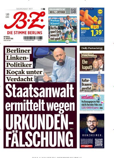 Titelbild der Ausgabe 198/2026 von B.Z.. Diese Zeitschrift und viele weitere Zeitungsabos als Abo oder epaper bei United Kiosk online kaufen.