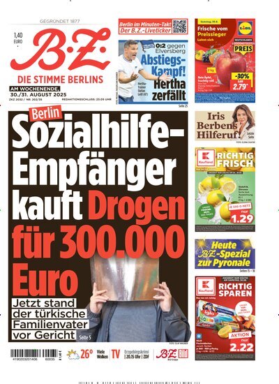 Titelbild der Ausgabe 200/2025 von B.Z.. Diese Zeitschrift und viele weitere Zeitungsabos als Abo oder epaper bei United Kiosk online kaufen.