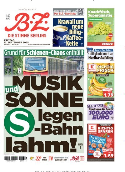 Titelbild der Ausgabe 211/2025 von B.Z.. Diese Zeitschrift und viele weitere Zeitungsabos als Abo oder epaper bei United Kiosk online kaufen.