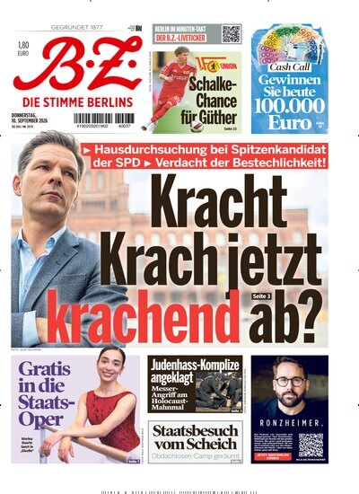 Titelbild der Ausgabe 211/2026 von B.Z.. Diese Zeitschrift und viele weitere Zeitungsabos als Abo oder epaper bei United Kiosk online kaufen.