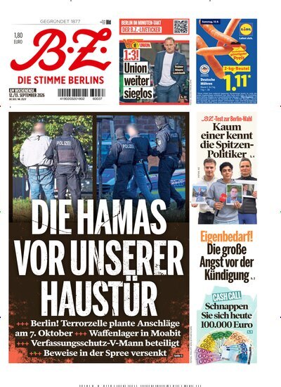 Titelbild der Ausgabe 213/2026 von B.Z.. Diese Zeitschrift und viele weitere Zeitungsabos als Abo oder epaper bei United Kiosk online kaufen.