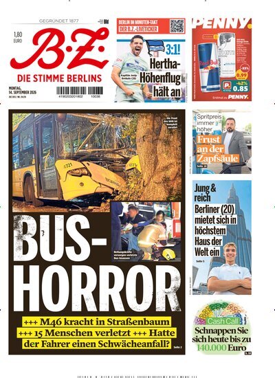 Titelbild der Ausgabe 214/2026 von B.Z.. Diese Zeitschrift und viele weitere Zeitungsabos als Abo oder epaper bei United Kiosk online kaufen.