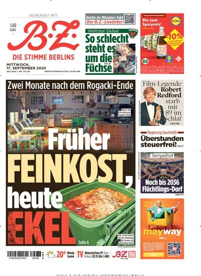 Titelbild der Ausgabe 215/2025 von B.Z.. Diese Zeitschrift und viele weitere Zeitungsabos als Abo oder epaper bei United Kiosk online kaufen.